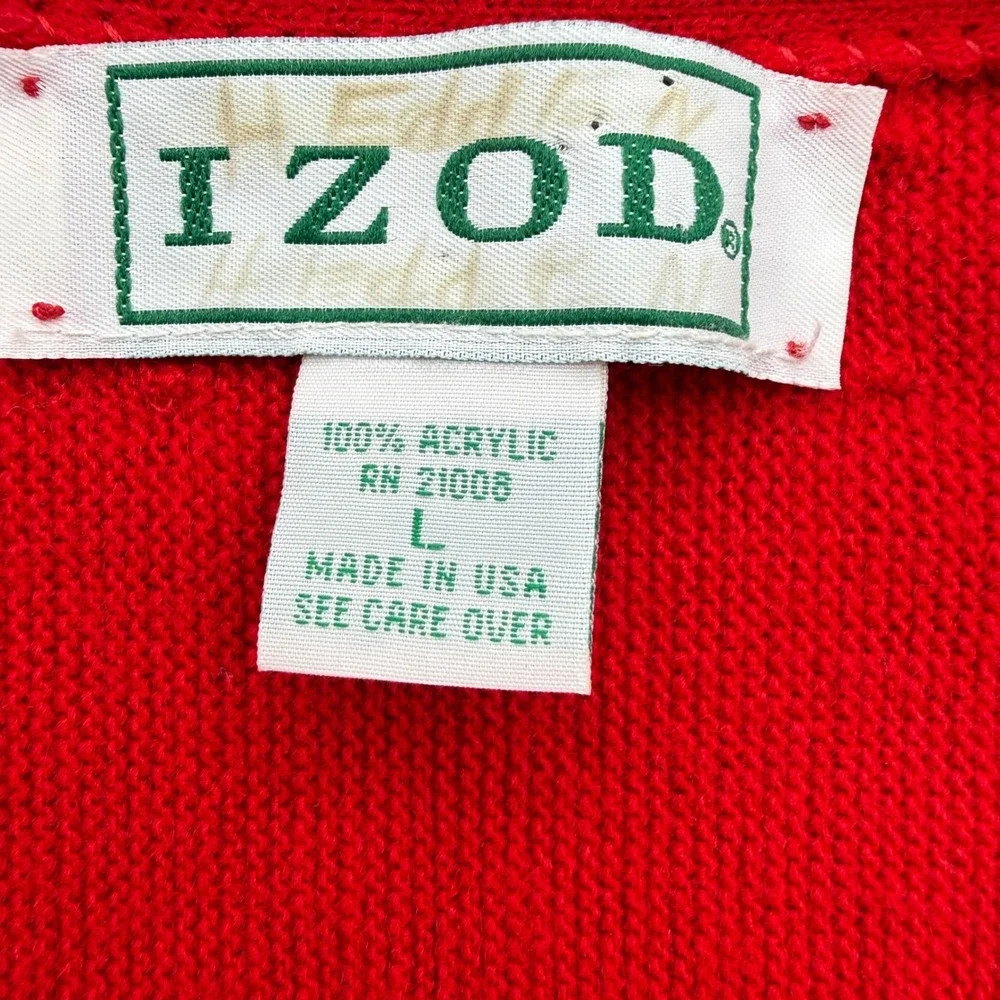 IZOD Cardigan Sweater Mens XL Red Vintage Crest Logo V-Neck Acrylic USA